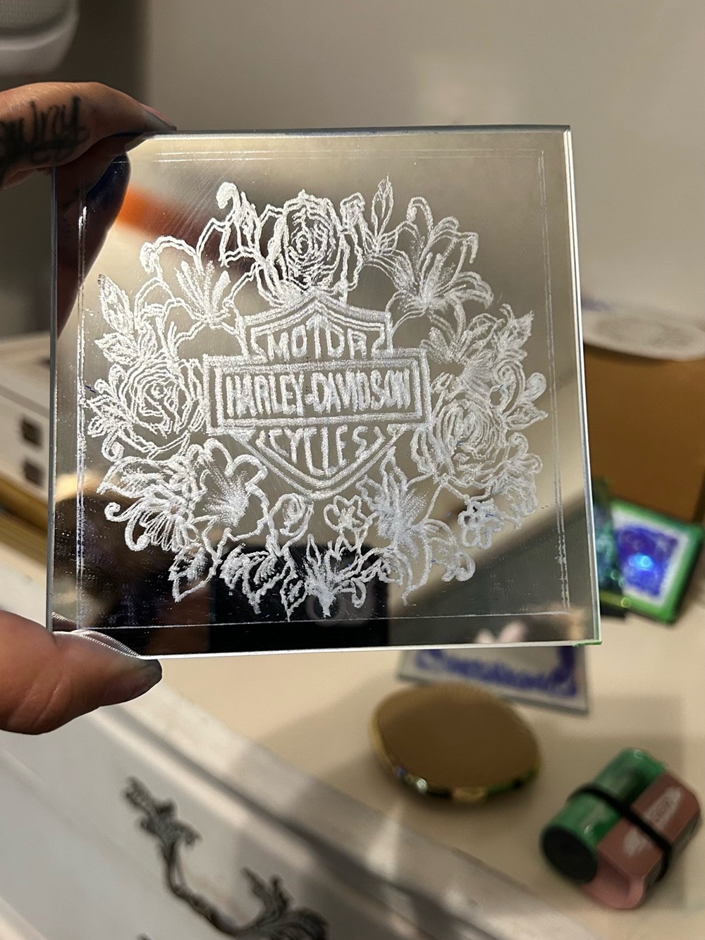 Silver Floral hand Etched Mirror Panel - Home Decor
